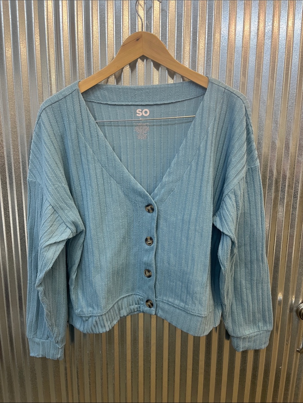 SO Powder Blue Ribbed Button-Front V-Neck Cardigan